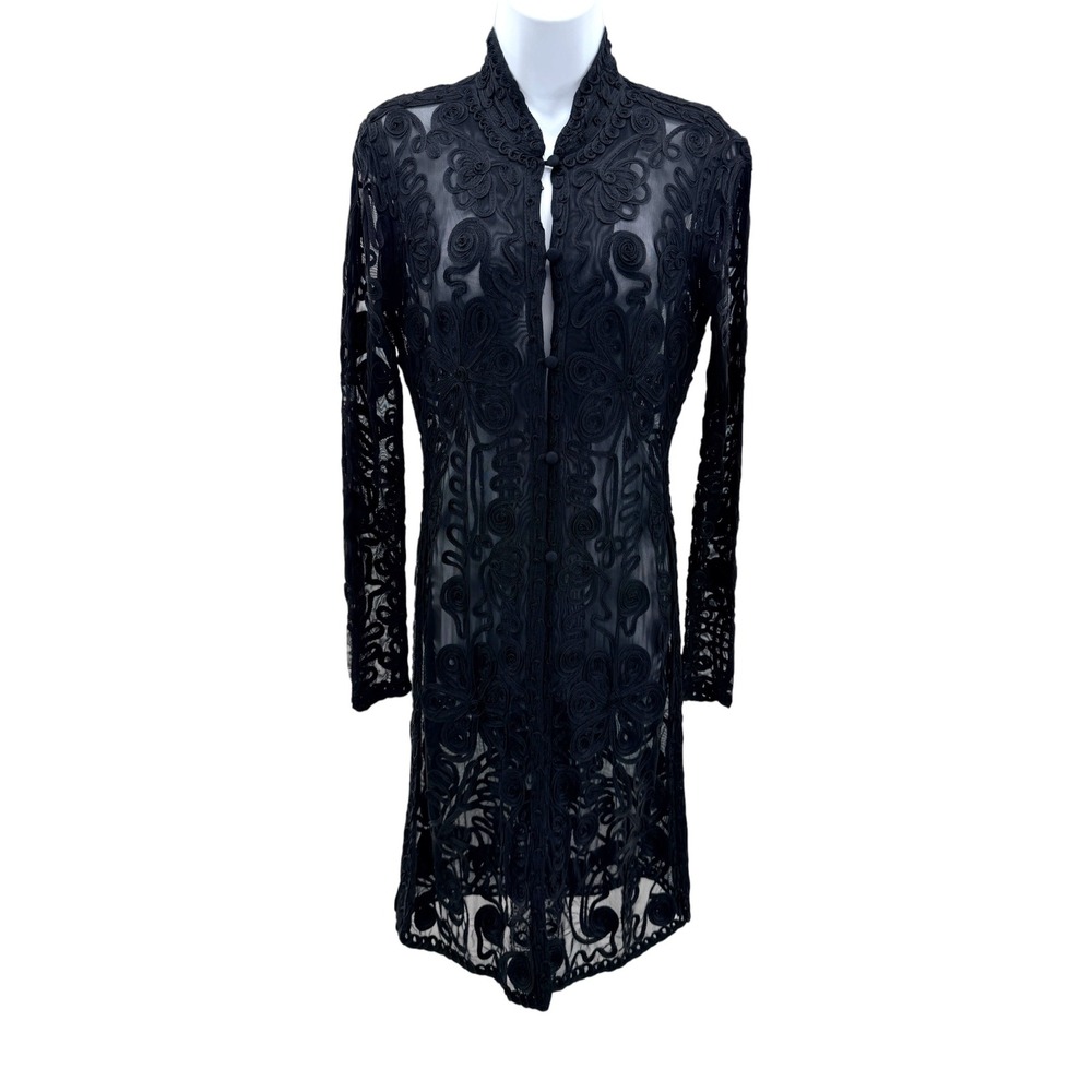 Vtg Cache Black Sheer Mesh Lace Duster Cardigan Jacket M Gothic Witchy 90s Vampy